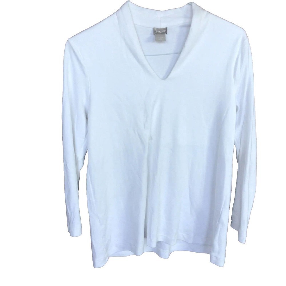 chicos tops size 1 White V Neck Long Sleeves Semi Collar Pre-Owned